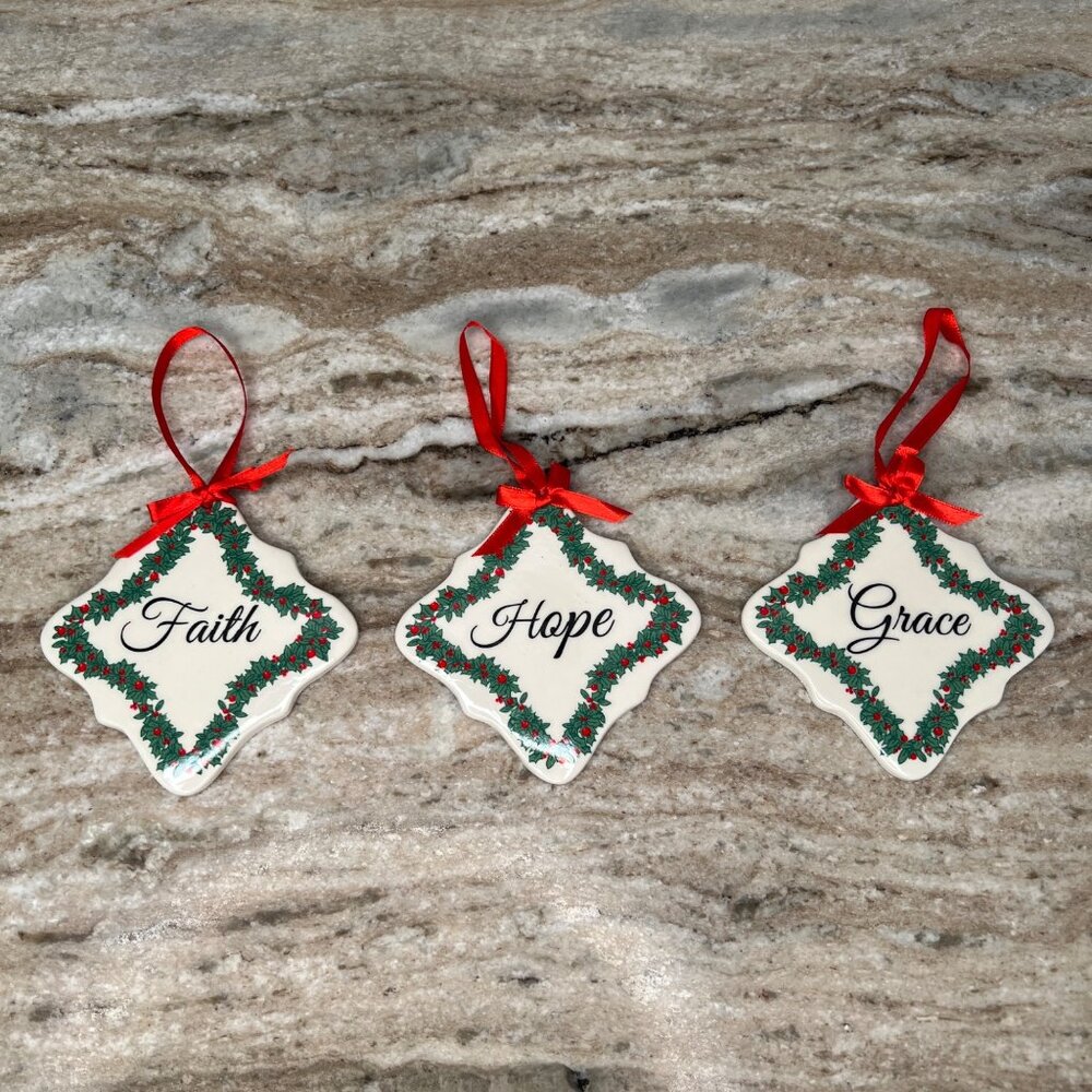 Set Of 3 Ceramic Christmas Ornaments With Faith Hope Grace & Holly Wreaths